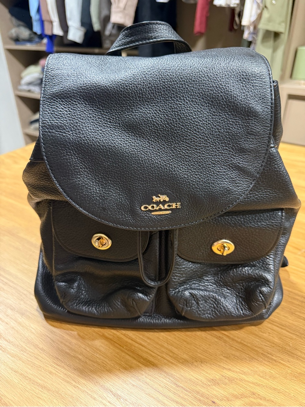 COACH Black Billie Pebbled Leather Drawstring Backpack with Gold Hardware